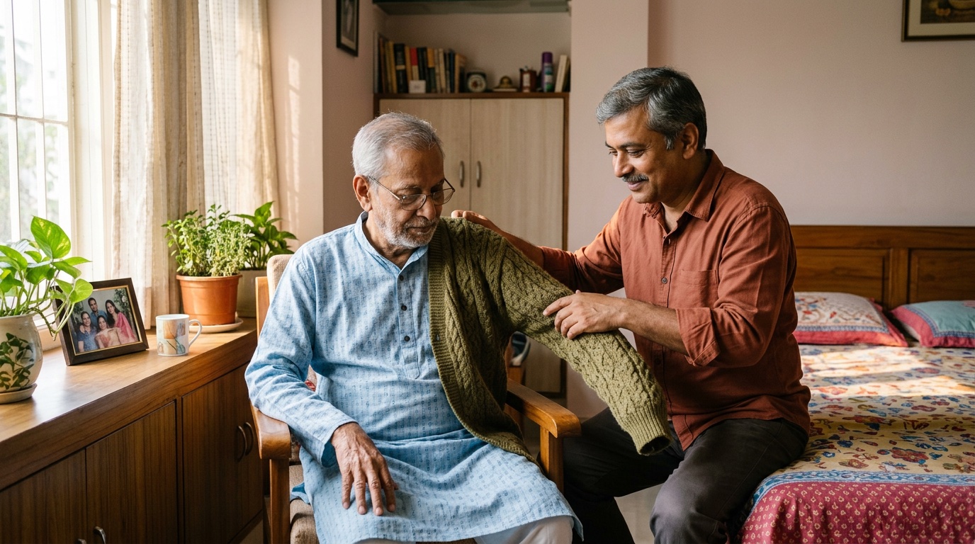 An adult son helping his elderly father into a knit cardigan in a sunlit bedroom.